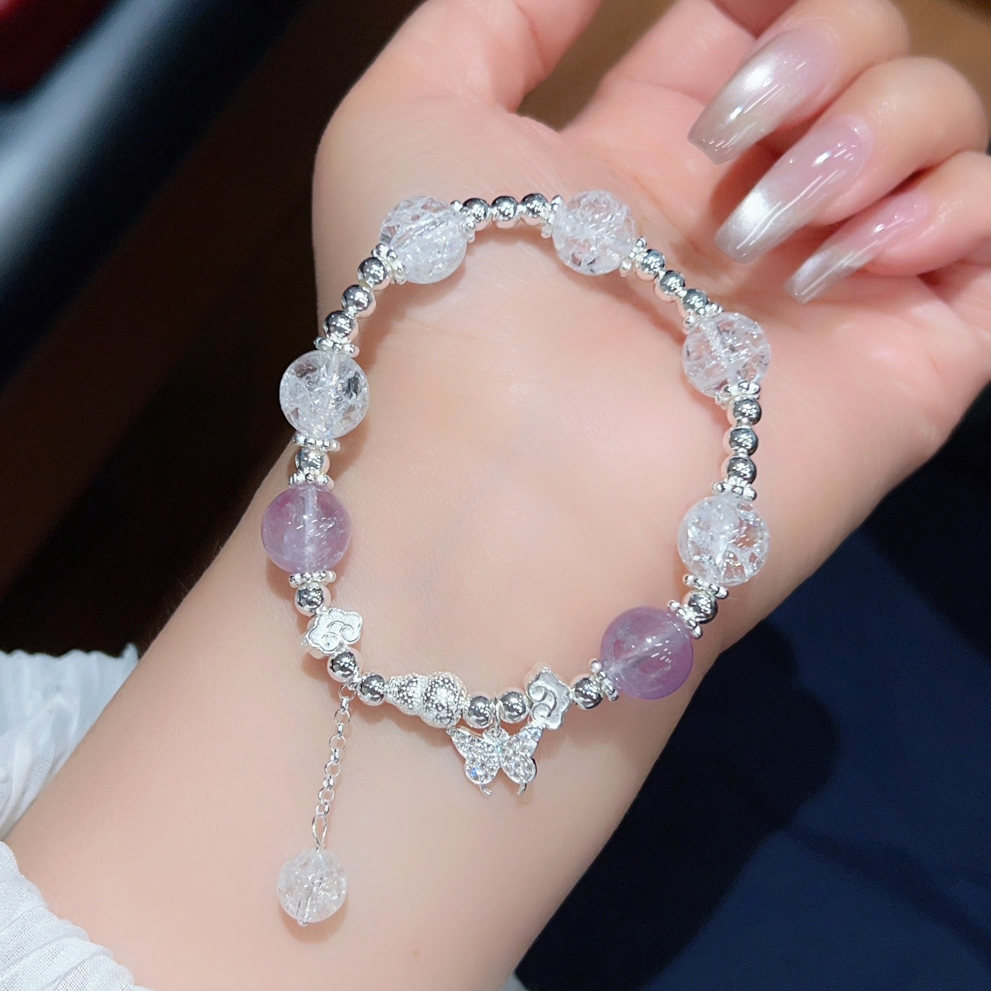 S925 pulsera de mariposa de amatista de plata esterlina joyería de plata femenina con cuentas diseño de nicho pulsera de cristal rosa regalo para novia