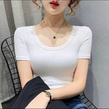 新款时尚百搭U领T恤夏季款螺纹棉针织弹力短袖圆领打底衫女批发