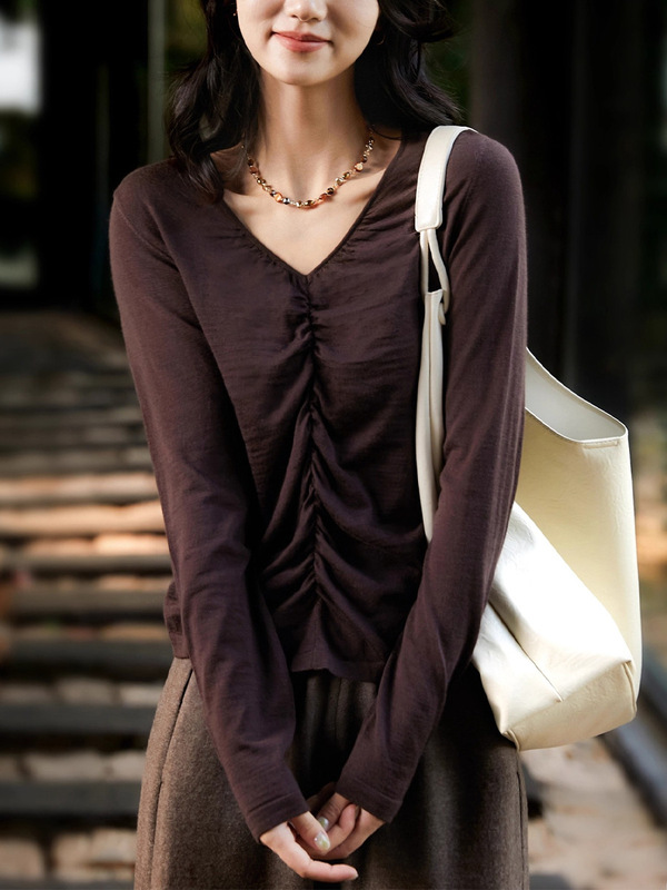 "一纤腰"针织衫 修身显瘦褶皱V领上衣女|undefined