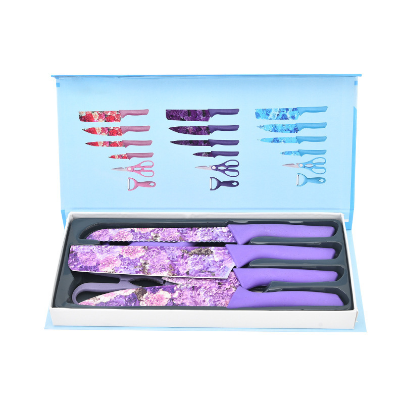 Cuchillo de paja de impresión de acero inoxidable conjunto de seis piezas de fábrica en stock cuchillo de cocina al por mayor tijeras color cuchillo en caja traje