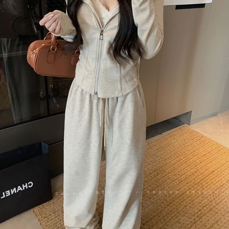 双拉链慵懒连帽长袖卫衣外套女秋季运动套装垂感休闲阔腿裤两件套|undefined