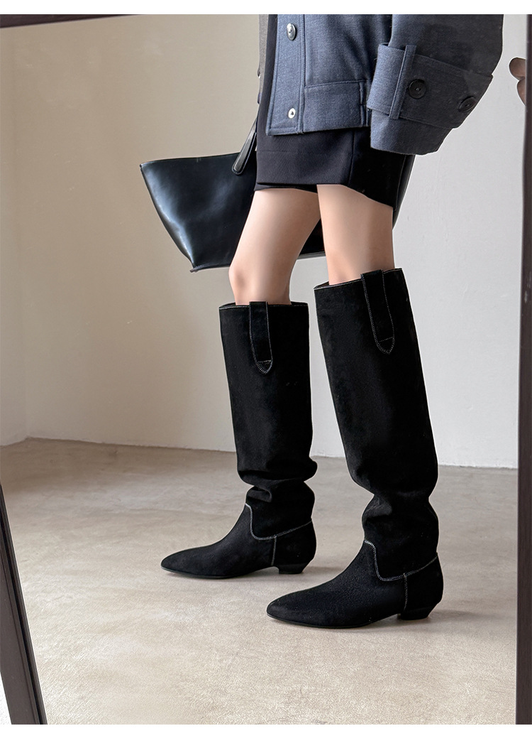 Boot nữ cổ thấp mũi nhọn gót thấp ống xếp ly chất da lộn — màu đen, màu xám, màu mơ chi tiết 21