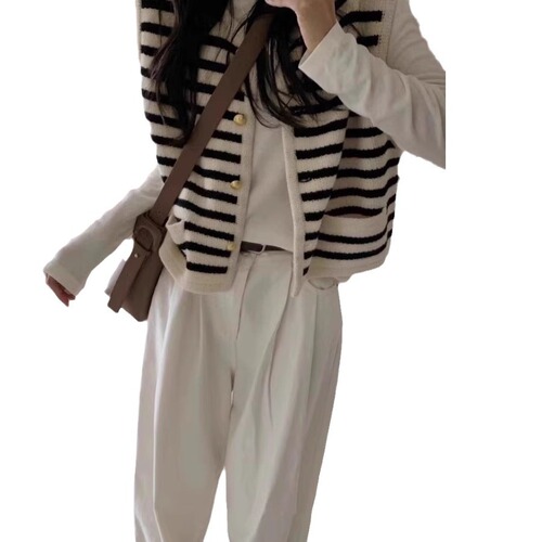 Black and white small fragrant style striped sleeveless knitted vest jacket for women spring and autumn cardigan outer sweater vest vest top