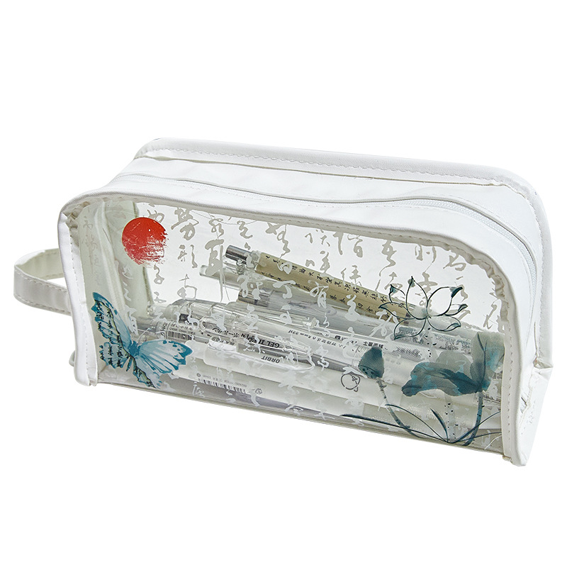 Nuevo estuche de lápices literario de estilo nacional de estilo chino, estuche de lápices para estudiantes de alto valor de nicho, caja de papelería impermeable transparente de gran capacidad de marea nacional