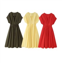 外贸批发新款女装 欧美风时尚打褶垂肩短袖迷笛连衣裙 2965260