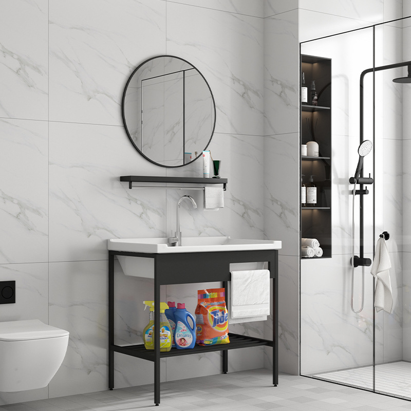 Armario negro de acero inoxidable de pie de piso lavabo balcón lavabo integrado de baño de cerámica con lavabo