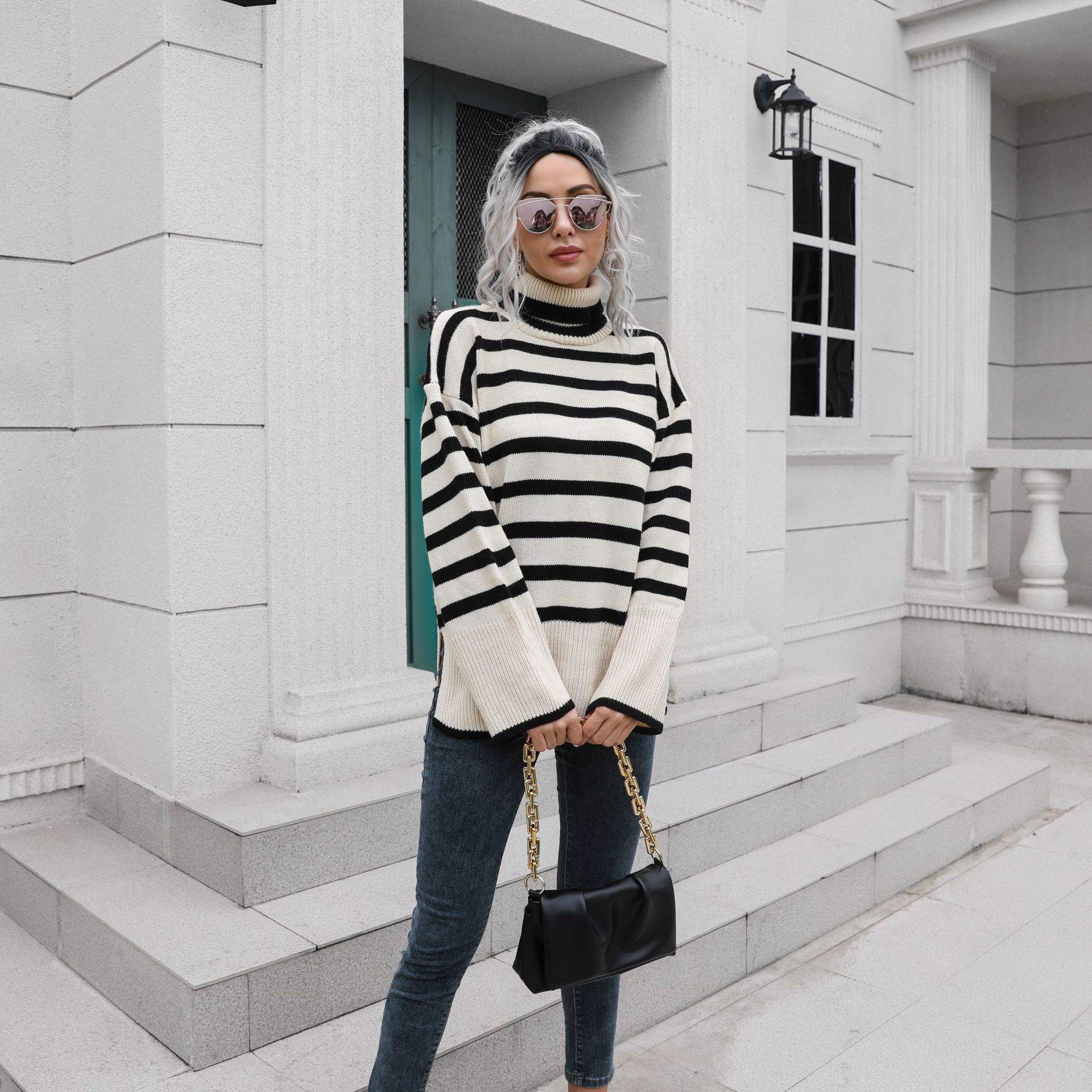 Popular Striped Bottom Slit High Collar Mid Length Women Loose Fall Winter Sweater