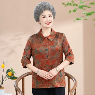 2024新款妈妈装中老年七分袖有口袋衬衣春夏奶奶装仿真丝女装衬衫