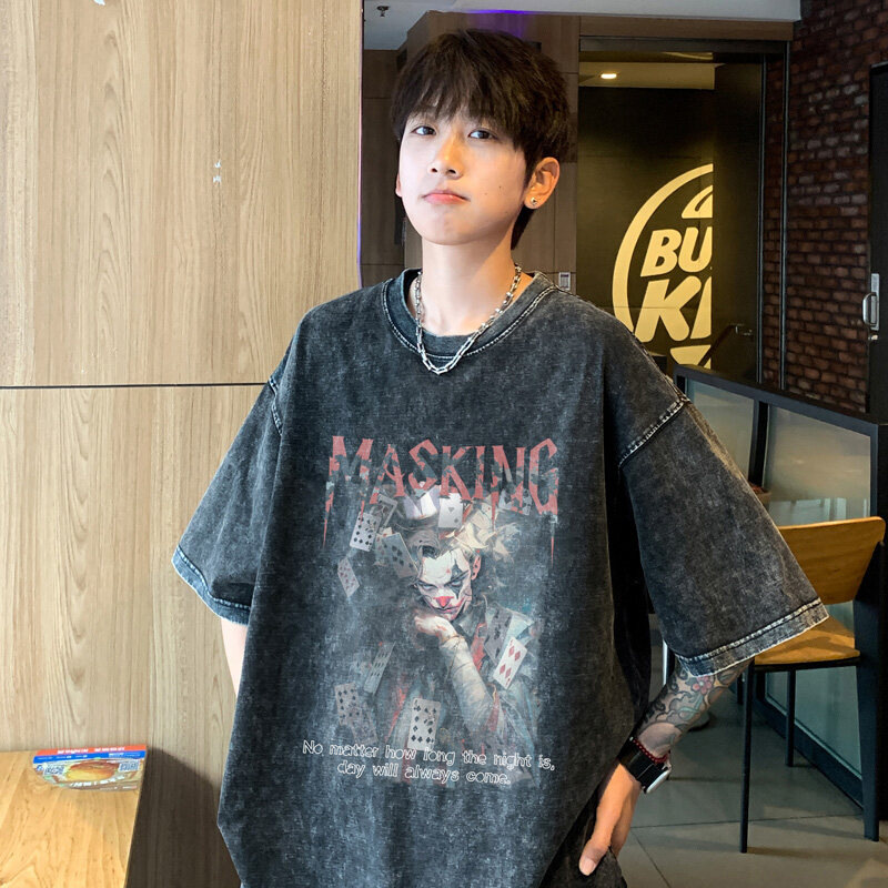 Camiseta de manga corta de algodón de la marca de moda de la calle alta estadounidense para hombres verano retro marea casual lavado viejo media manga guapo camiseta