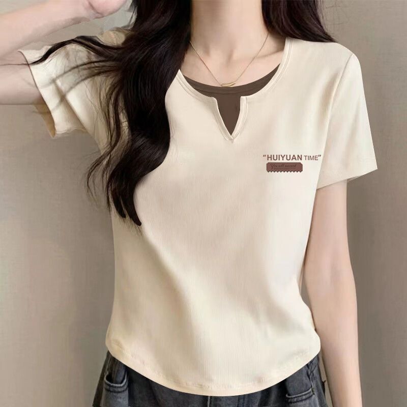 純綿半袖tシャツ女性2025夏の新型デザイン感裾のアーチ型偽の2つのユニークなつなぎ合わせ上着の潮|undefined