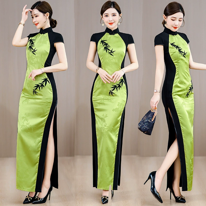 Летний новый китайский ретро-воротник с пряжкой в стиле чонсам с принтом в стиле длинное тонкое платье для сценического исполнения