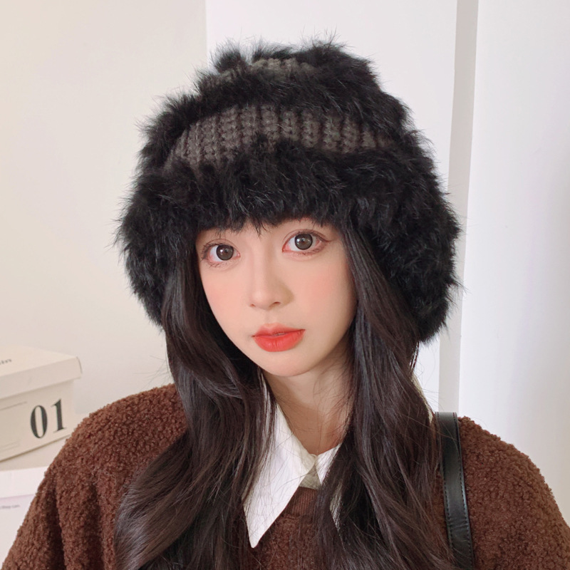 진짜 토끼 머리 니트 모자 여성의 가을과 겨울 방한 조커 어부 모자 플러시 양털 위로 덮인 얼굴 작은 따뜻한 양모 모자