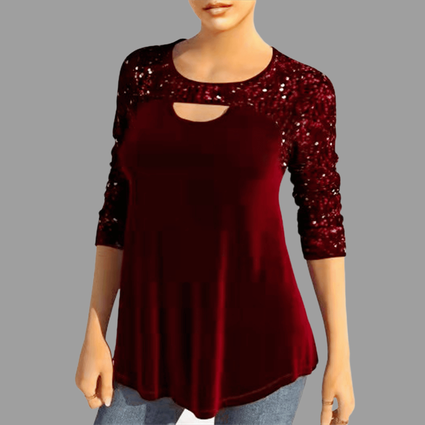 Europeo y americano Amazon digital cuello redondo hueco-fuera manga larga ocho tamaño camiseta adelgazamiento lentejuelas costura punto superior ropa de mujer