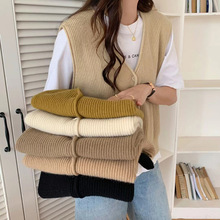 韩系简约百搭卷边设计V领针织马甲女春秋设计感少女毛衣开衫背心