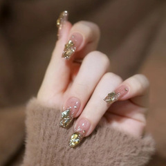 網紅穿戴甲中長款香檳金碎鑽辣妹美甲成品假指甲貼片甲片批發
