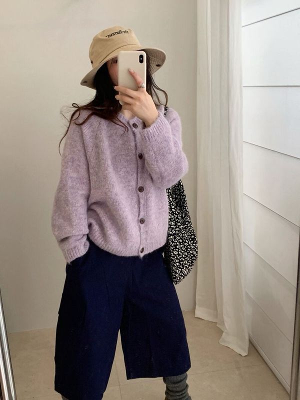 韩系风简约花纱杂色针织开衫女2025秋冬新款休闲百搭圆领减龄毛衣|undefined