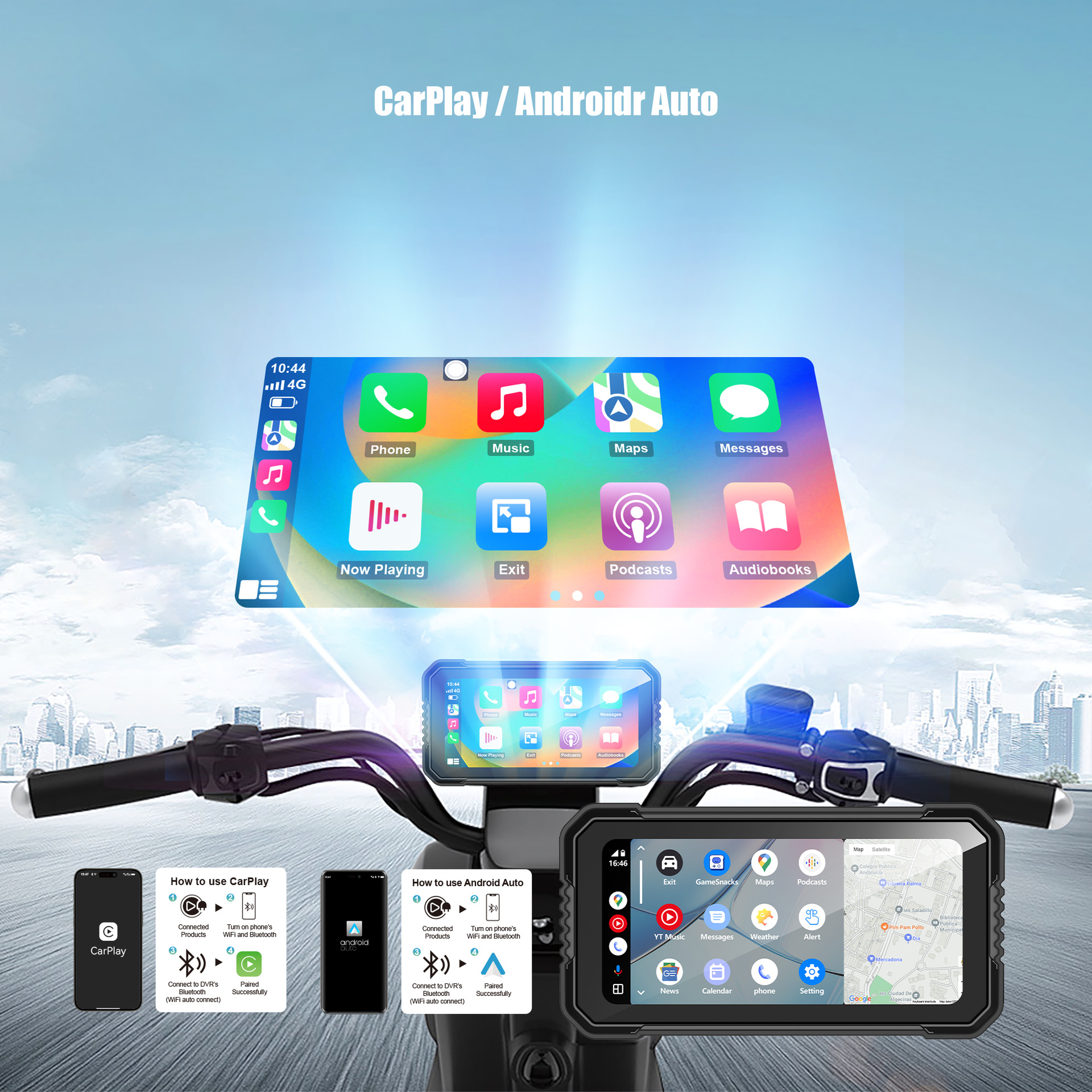 7inch Motorcycle Dashcam with Front and Rear Dual Lenses, High-Definition Carplay Motorcycle Navigation Recorder