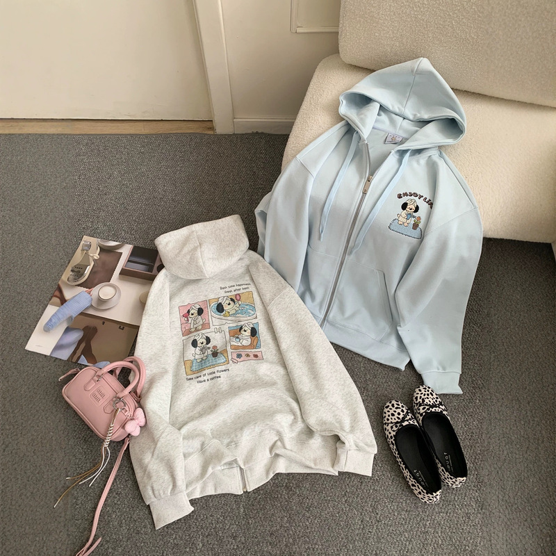 Paperbag Home's new autumn hooded sweatshirt jacket is loose and casual with a zipper, cute for weekend wear, dog 26301