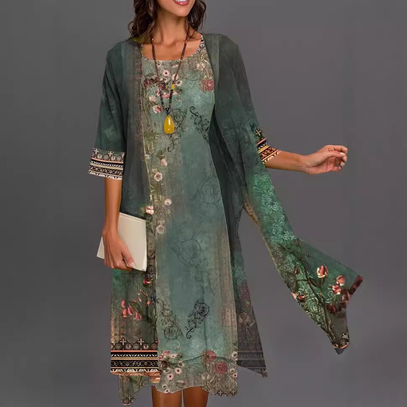 Women's Dress Mid-Length Emerald/Ready Stock Dress Green Dress Long Sleeve Two-Piece Floral