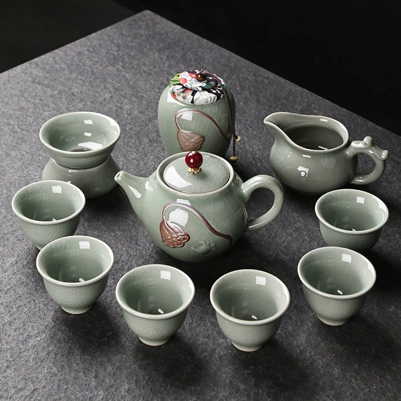 Чайный набор кунг-фу (Geyao Ceramics) легендарная керамика гея kilns, подарочная коробка, набор 10–11 предметов из сине-зелёной фаянсовой керамики