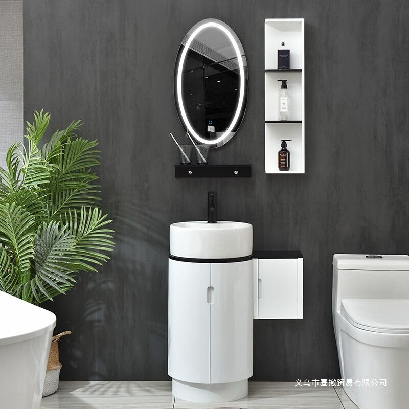 Round Small Apartment Bathroom Cabinet Set with Washbasin, Sink, and Vanity, Freestanding Smart Mini Set