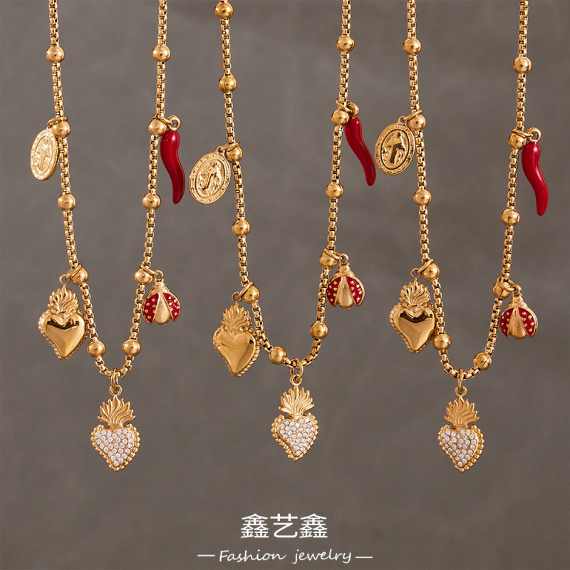鑫艺鑫欧美轻奢时尚饰品不锈钢爱心满锆石DIY多配件吊坠锁骨项链|undefined