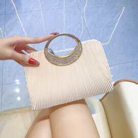 新款褶皱晚宴包圆环手拎包水钻宴会手拿包礼服包晚会包婚礼链条包