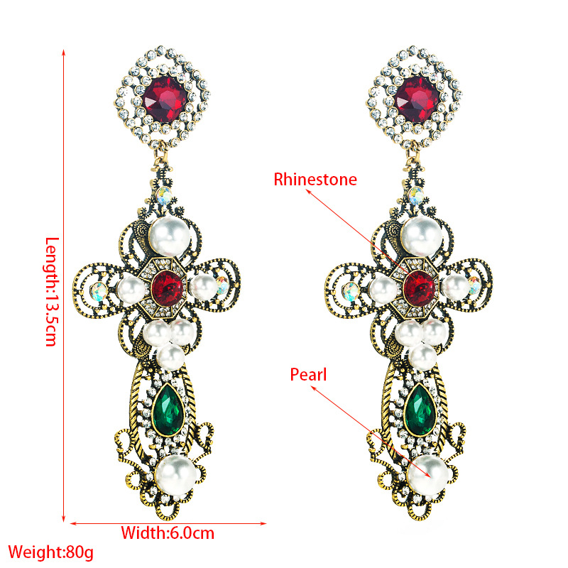 European And American Popular New Hollow Alloy Rhinestone-studded Large Cross Pearl Retro Earrings Accessories display picture 1