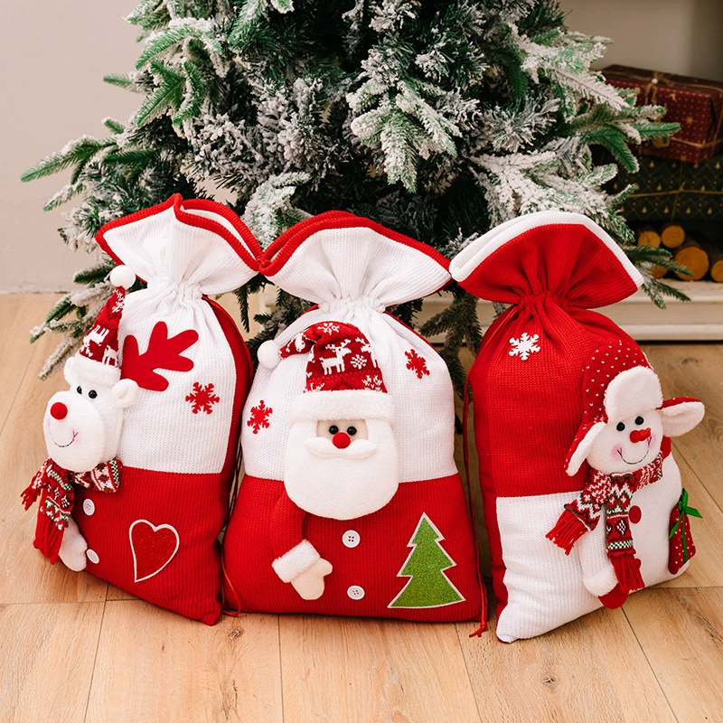 knitted Christmas gift bags — подарочные новогодние сумки с аппликацией Санта-Клауса/снеговика/оленя, с завязками, многоразовые