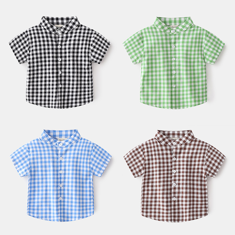 Summer New Boys Lapel Plaid Casual Short-sleeved Cotton Korean Style Fashionable Small Plaid Button Handsome Shirt