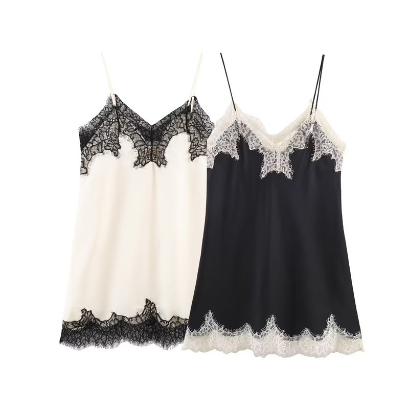 Foreign Trade Cross-Border Women's Clothing 2025 European and American Style Simple Elegant Lace Silk Satin Texture Suspender Top 5919250