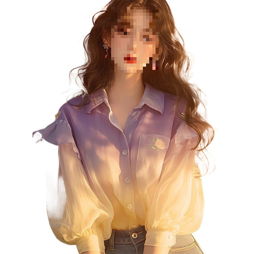 Purple chiffon blouse autumn women's fashion small niche unique bubble sleeve gradient color collision Hongguang