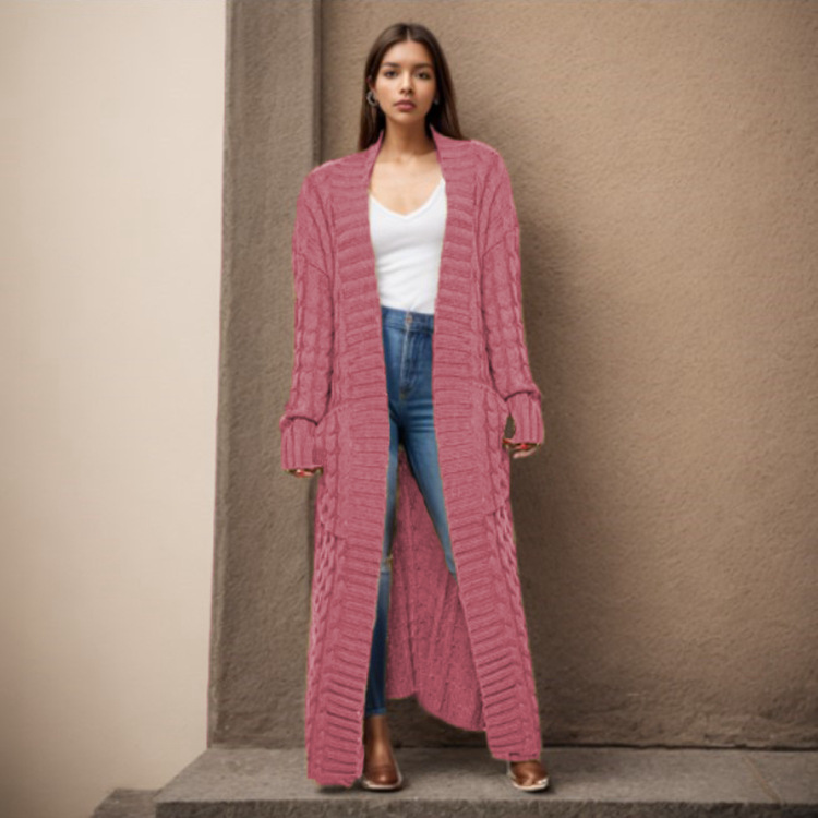 Damen-Strickjacke mit langen Ärmeln, einfarbig, langer Pullover, dicker Mantel_voghion.com