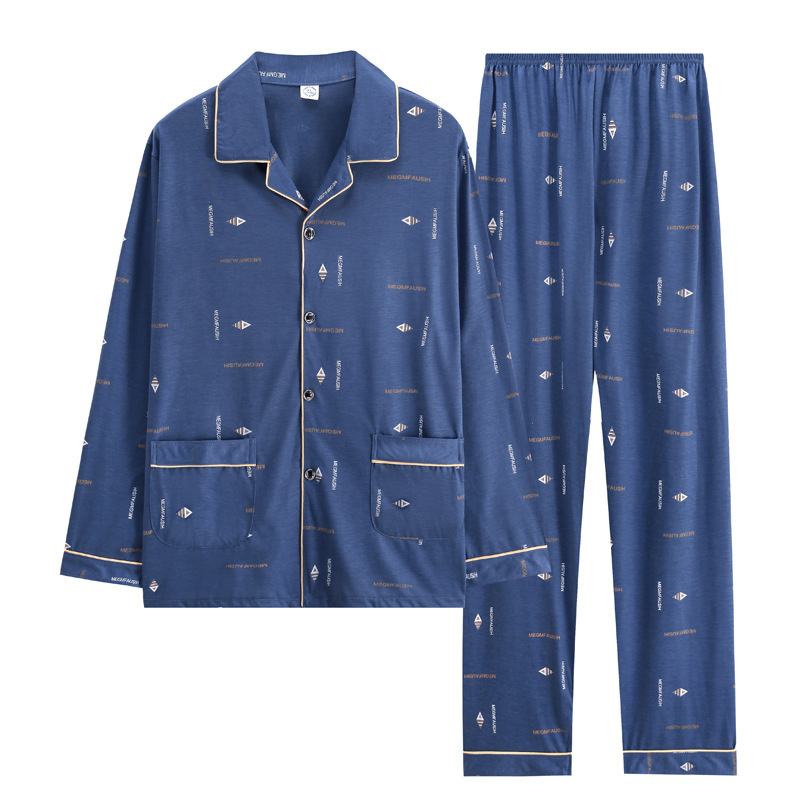100% pijamas de algodón de manga larga de los hombres sueltos más tamaño aguja pequeño collar inverso joven y de mediana edad de primavera y otoño ropa de casa manga corta tejida