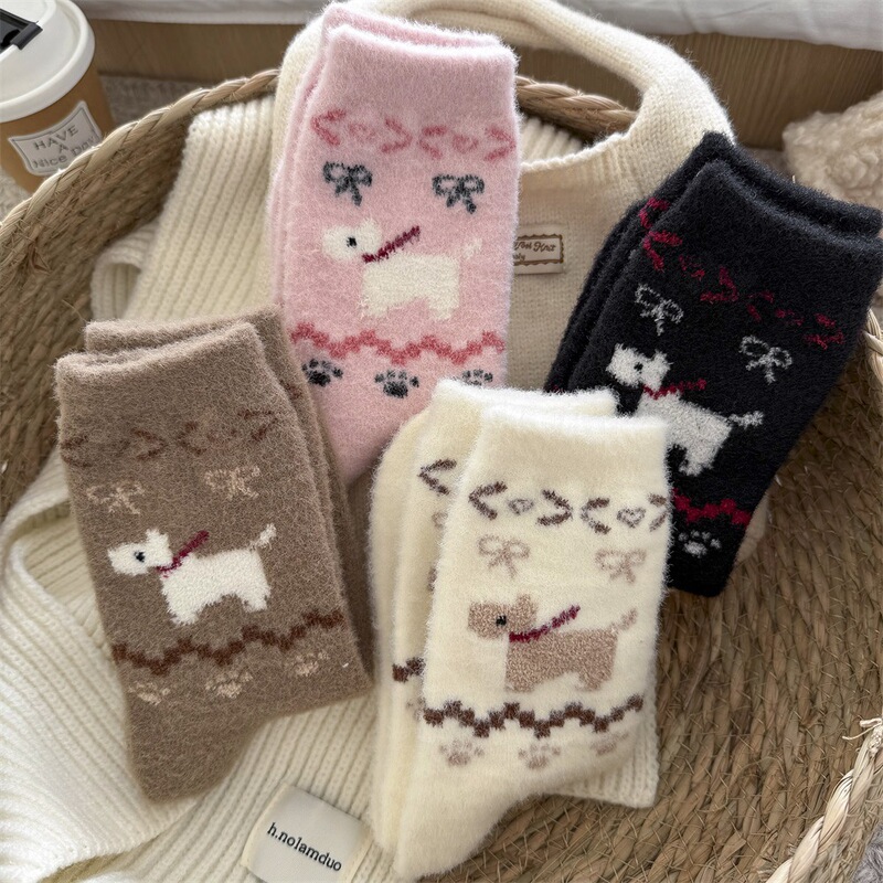 Winter soft waxy Australian velvet fair island series socks women's tube socks thick warm cartoon puppy plush sleep socks