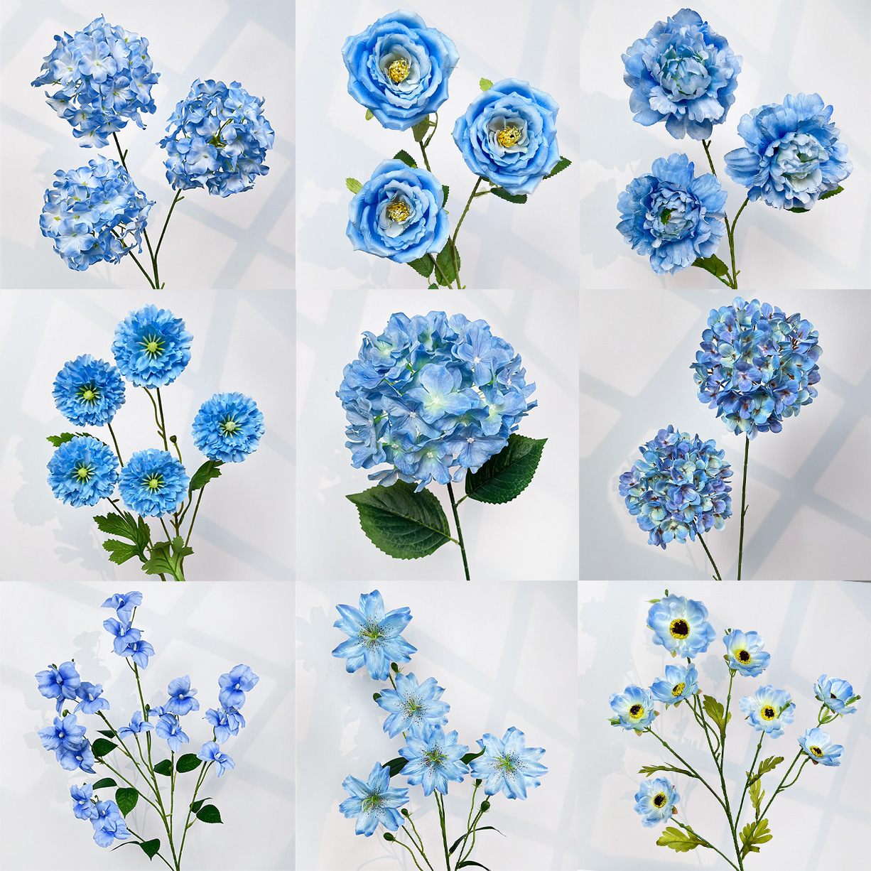 Flor artificial azul arranjo de flores decoração de casamento flores de corredor buquê falso buquê de chão de casamento janela do jardim de monet.