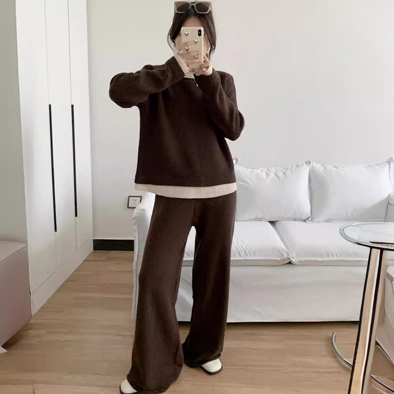 (2개) 대조 컬러 캐주얼 페이크 2 피스 루즈 라운드 넥 니트 세트 가을과 겨울 새로운 탑 와이드 레그 바지 투피스 여성용 의류