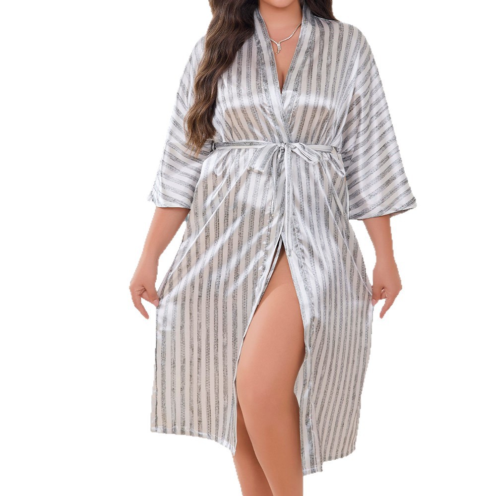Nuevos pijamas transfronterizos de tamaño grande damas primavera y verano seda hielo ropa de dormir larga ropa de baño rayada 22356
