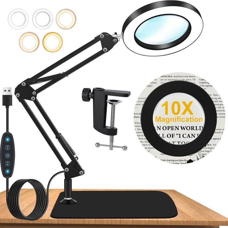 Cross-border 6-inch desktop circular magnifying glass desk lamp 5-tone light eyebrow tattoo nail art eye protection work lamp