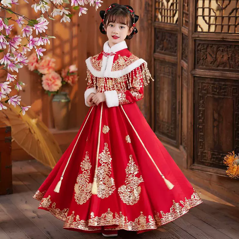 女童汉服连衣裙冬季古装拜年服新款冬款儿童唐装中国风女孩过年服