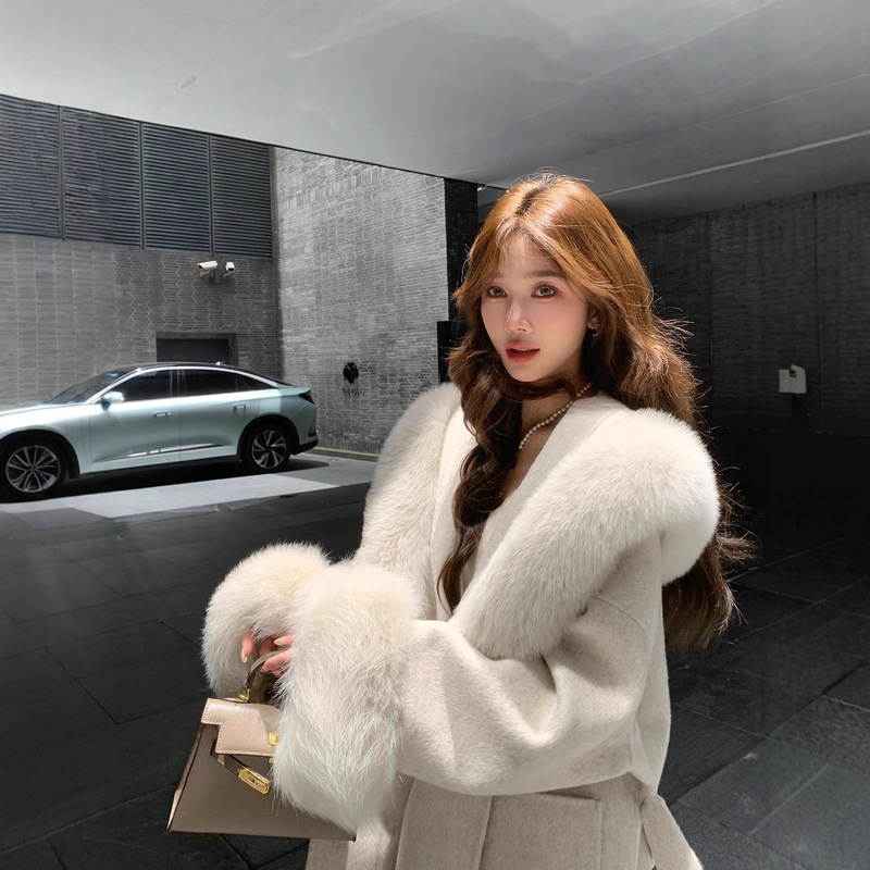 Fox Fur Double-Sided Cashmere Coat for Women 2025 Winter New Style Hooded Fur Woolen Coat Loose Fit