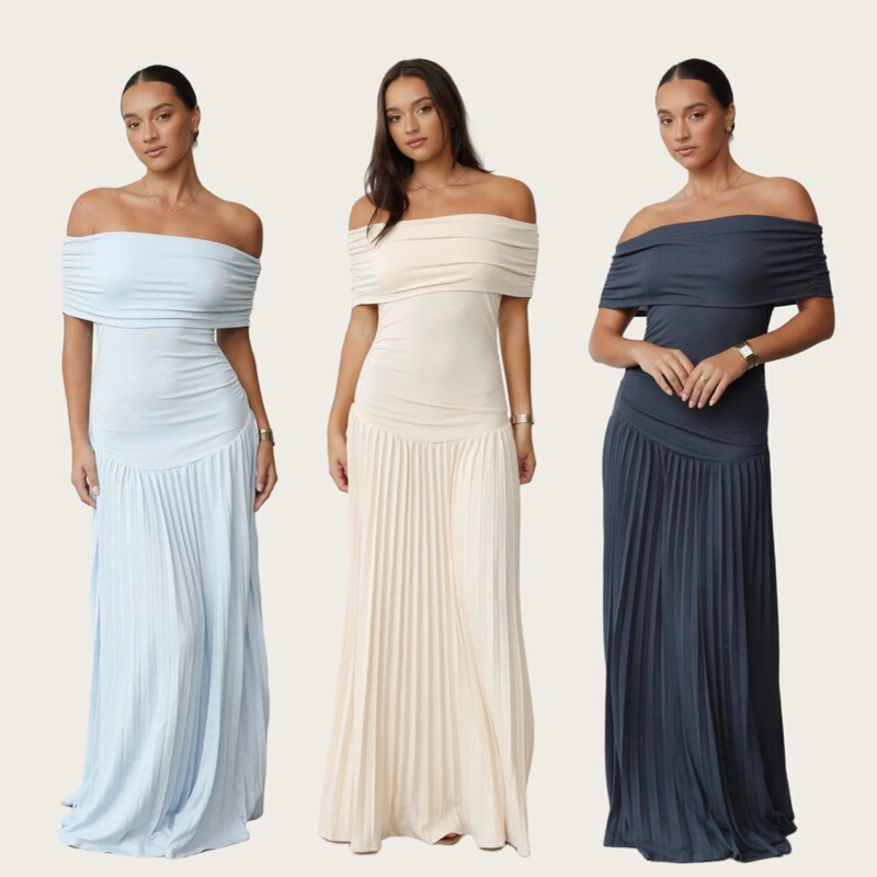 European and American Cross-border New All-match dress off-shoulder Elegant Sexy Pleated French Style Beautiful Long Dress for Spring, Summer, Autumn and Winter