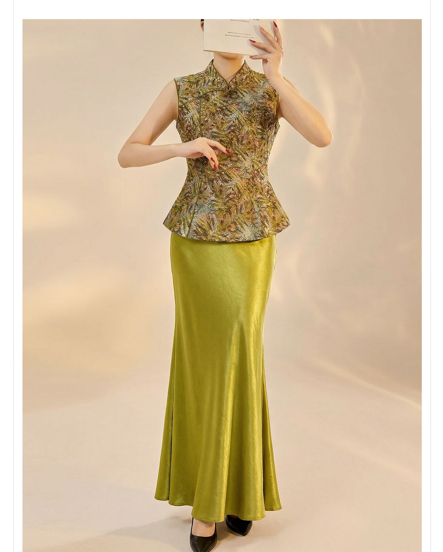 Set áo gi-lê không tay cổ đứng + chân váy midi jacquard phong cách Trung Quốc mùa hè — Màu xanh lá cây nửa váy, vàng nửa váy, Áo khoác xanh chi tiết 15
