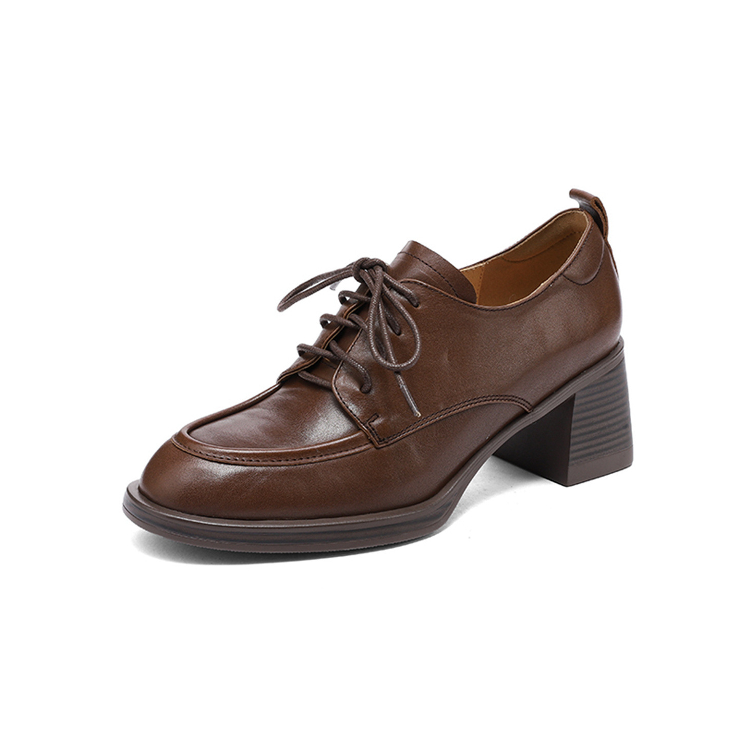 Giày cao gót nữ mũi tròn bít da bò, gót 7,6 cm, buộc dây, phong cách retro — Chiều cao gót màu nâu 7.6cm chi tiết 21