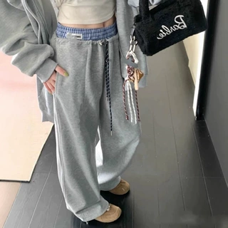 高品质miu格子拼接休闲裤阔腿裤女2025秋季高腰显瘦直筒裤拖地裤