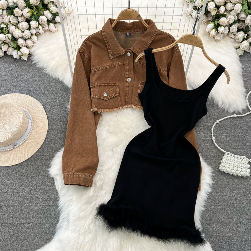 Cross-Border Hong Kong Style Retro High-Waisted Short Jacket Denim Jacket Women's Two-Piece Waist Slimming Vest Hip-Covering Jumpsuit Cross-Border Hong Kong Style Retro High-Waisted Short Jacket Denim Jacket Women's Two-Piece Waist Slimming Vest Hip-Covering Jumpsuit