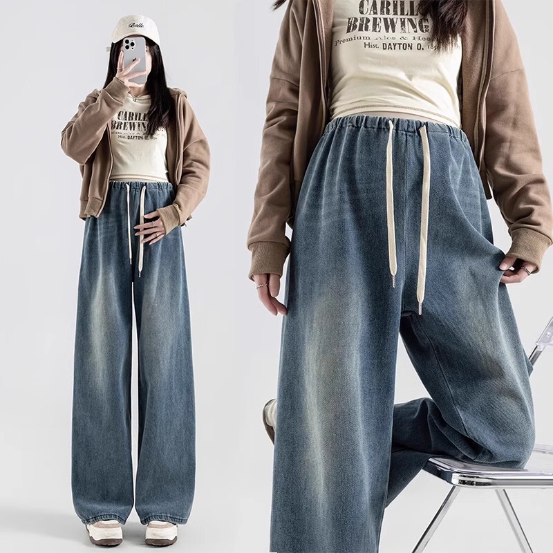 Maternity Jeans Without Belly Support, Summer Style, Plus Size, Straight Wide-Leg Pants, Trendy Drawstring, Retro American Style, Loose Fit for Women Maternity Jeans Without Belly Support, Summer Style, Plus Size, Straight Wide-Leg Pants, Trendy Drawstring, Retro American Style, Loose Fit for Women