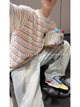网红款韩国男装代购风潮流减龄编织彩色细条纹休闲宽松短袖恤夏季