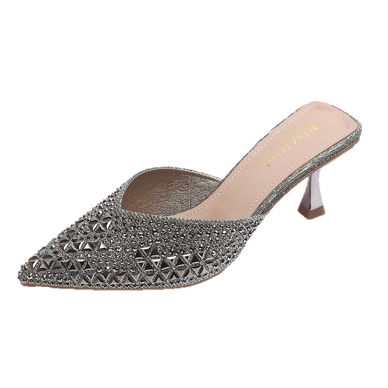 2026 nueva red de verano infrarroja con zapatillas de talón alto de diamante, zapatillas de cabeza de punta de mujer, zapatillas de media cabeza de paquete image 6