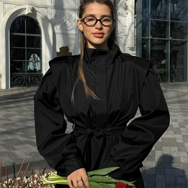 Комплект полуприлегающей демисезонной одежды с длинным рукавом, плащ, куртка, французский стиль, тренд сезона, свободный крой